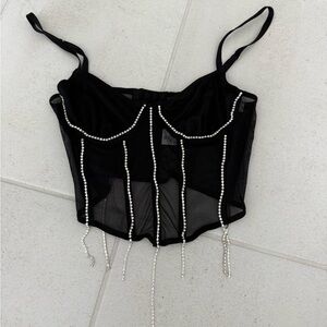 Black Rhinestone-Trim Mesh Crop Bustier Top